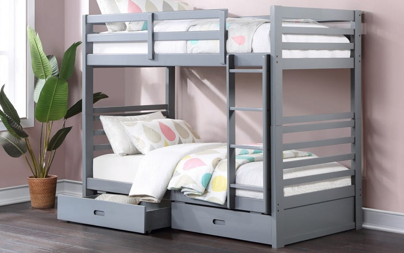 Bunk Bed - Twin over Twin with 2 Drawers Solid Wood - White | Grey