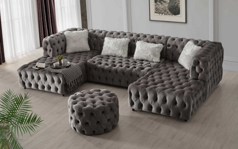 Velvet Fabric Sectional 'U' Shaped Chaises - Grey