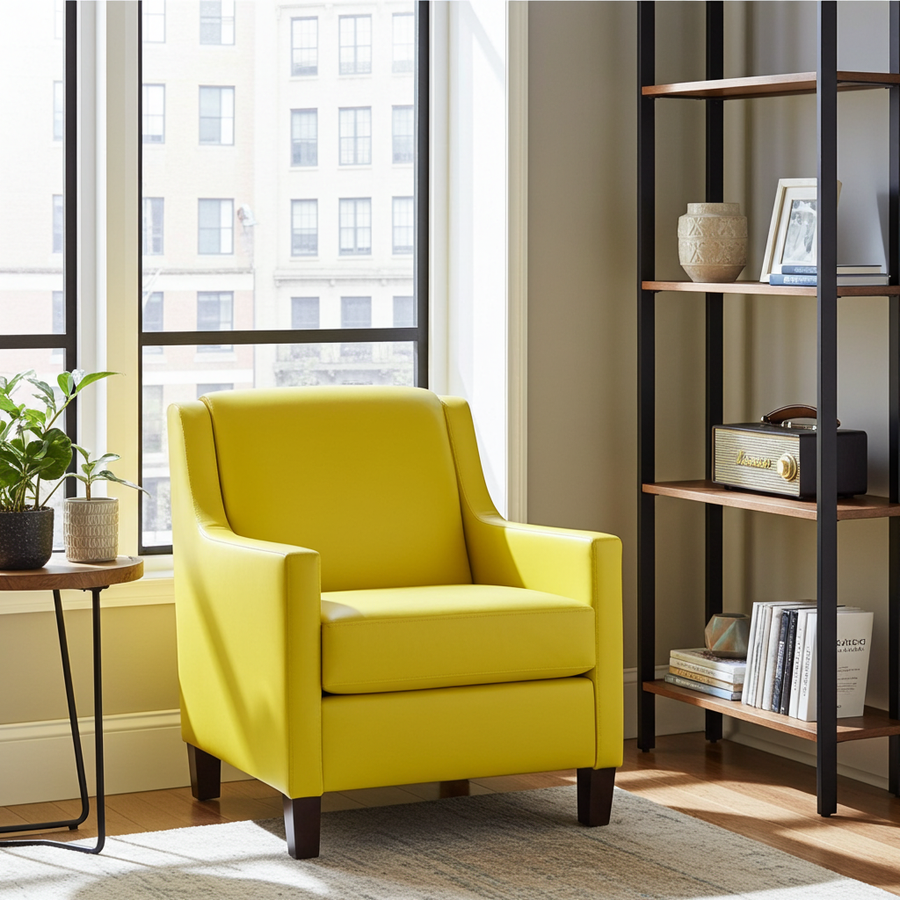Accent Chair with Leather  High Back - Yellow (Made in Canada)