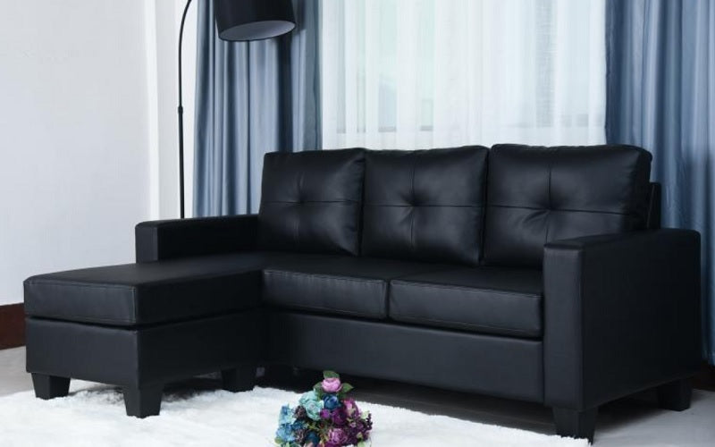 Leather Sectional with Reversible Chaise - Black