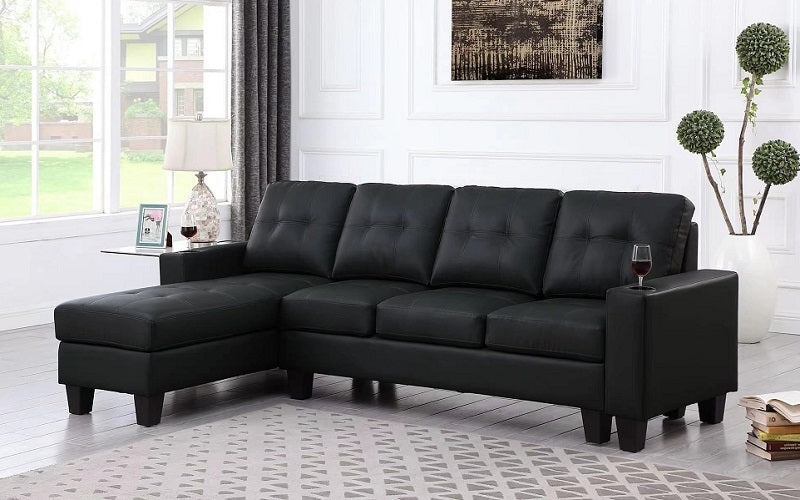 Leather Sectional with Reversible Chaise - Black