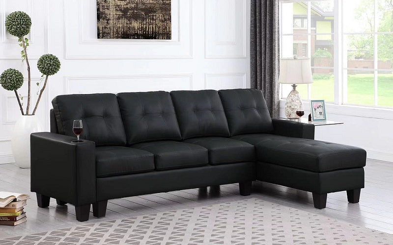 Leather Sectional with Reversible Chaise - Black