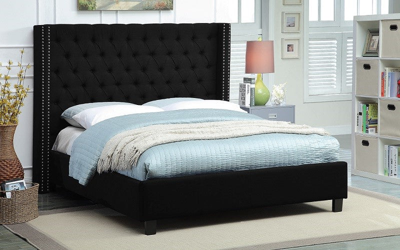 Platform Bed with Linen Fabric Wing and Dark Legs - Grey