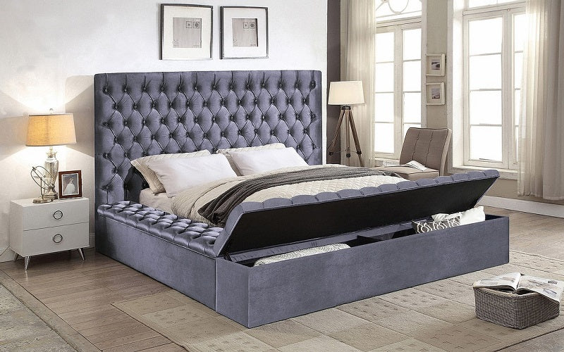 Platform Bed with Velvet Fabric and Storage Benches - Grey