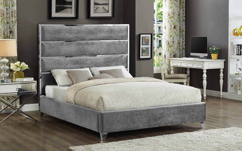 Platform Bed with Velvet Fabric and Chrome Legs - Black