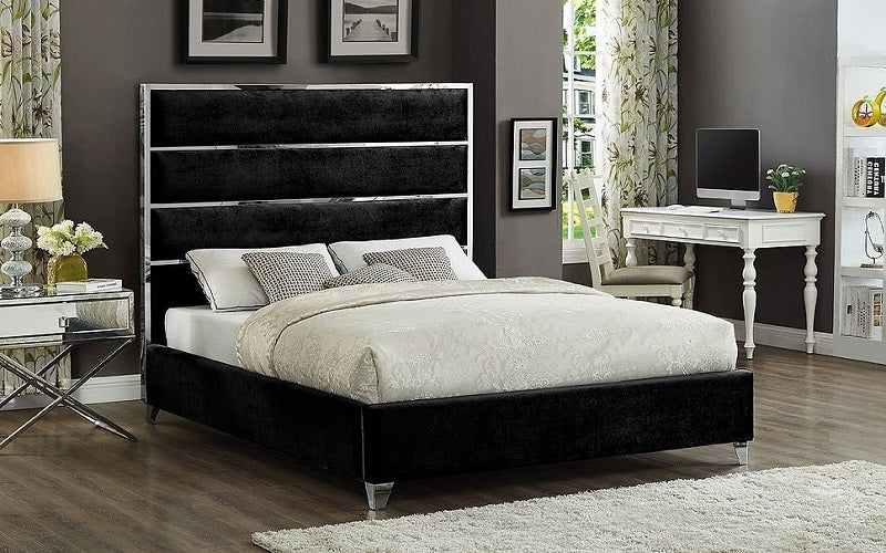 Platform Bed with Velvet Fabric and Chrome Legs - Grey
