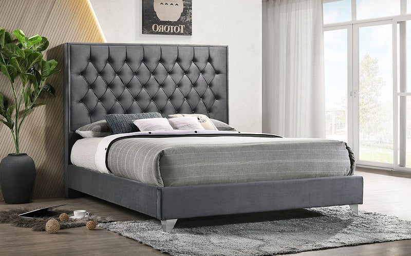 Platform Bed with Velvet Fabric and Chrome Legs - Grey