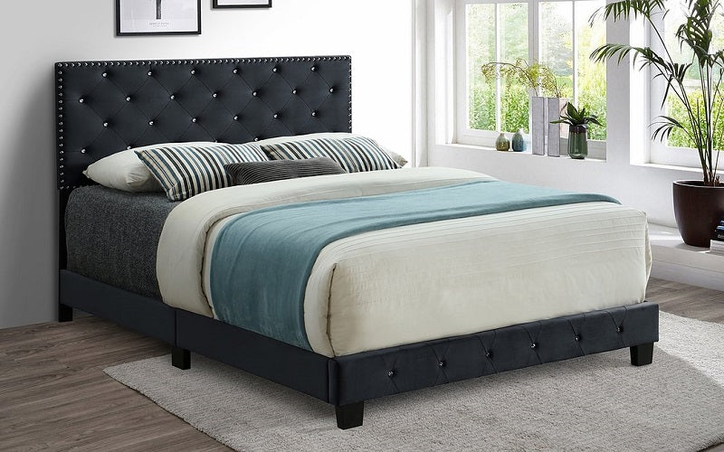 Platform Bed with Velvet Fabric and Dark Legs - Black