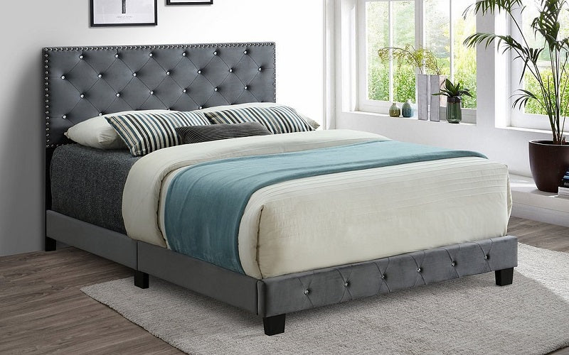 Platform Bed with Velvet Fabric and Dark Legs - Grey