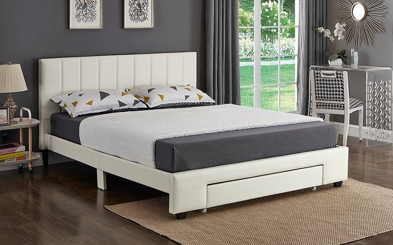 Platform Bed with Bonded Leather and Storage Drawer - White