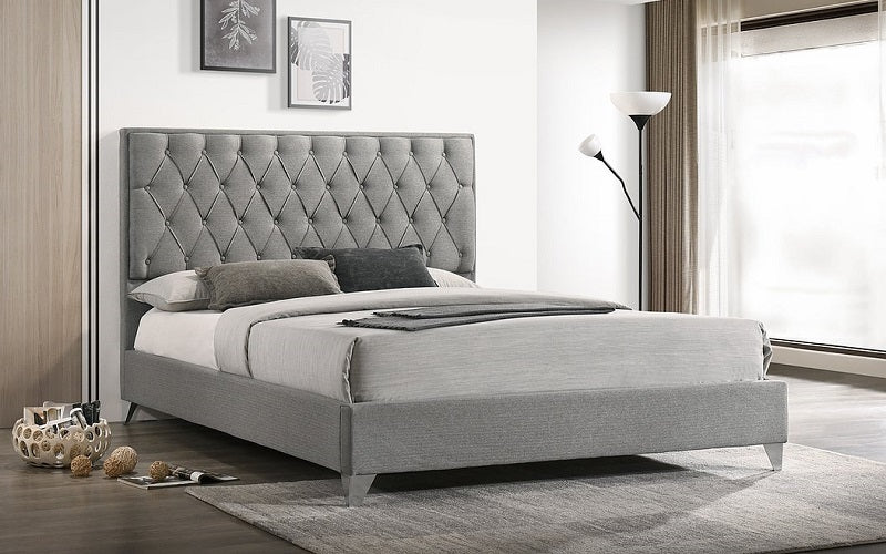 Platform Bed with Linen Fabric and Chrome Legs - GreyPlatform Bed with Linen Fabric and Chrome Legs - Grey