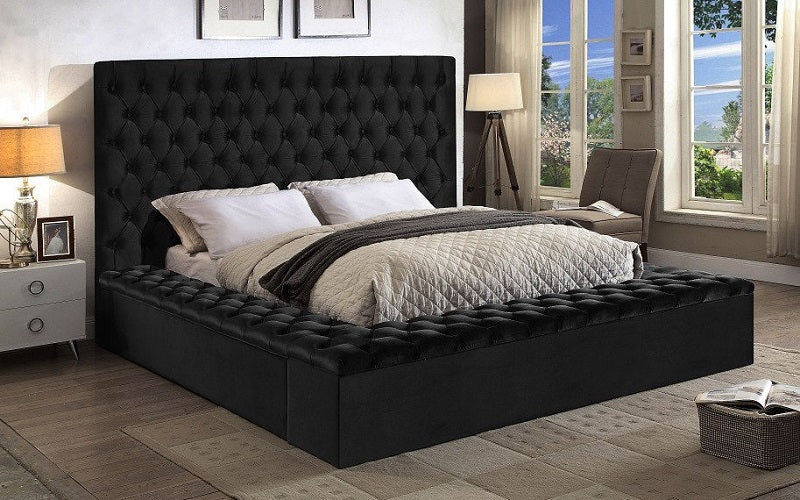 Platform Bed with Velvet Fabric and Storage Benches - Black