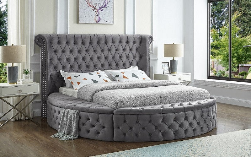 Platform Bed Round Design with Velvet Fabric and Storage Benches - Grey | Black