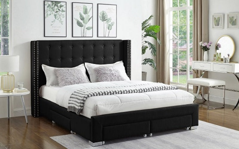 Platform Bed with Button-Tufted Fabric Wing and 4 Drawers - Black