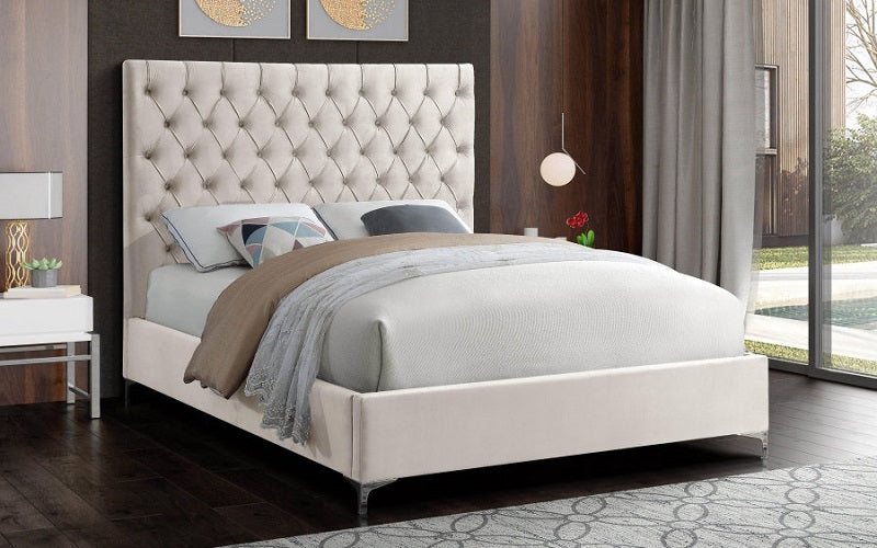 Platform Bed with Velvet Fabric and Gold & Chrome Legs - Beige