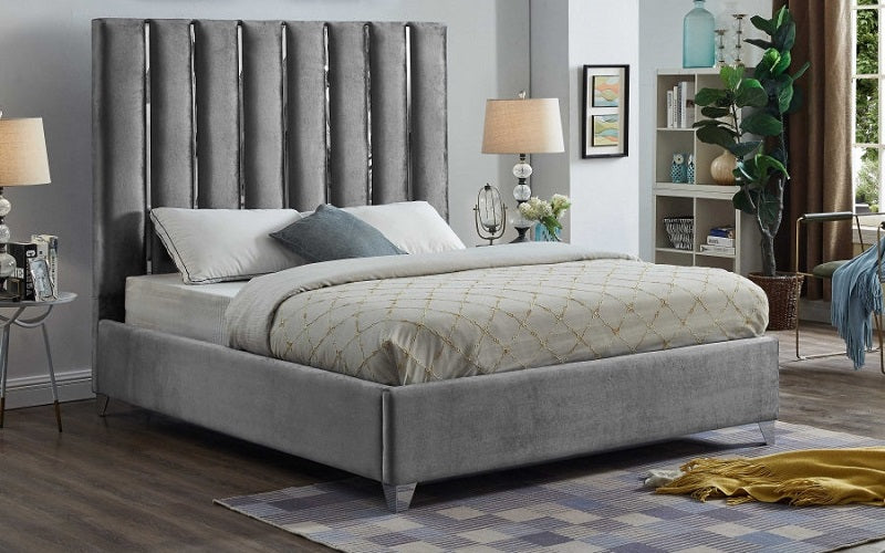 Platform Bed with Velvet Fabric and Chrome Legs - Black