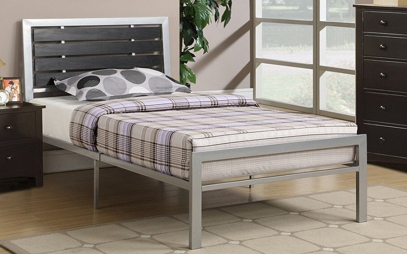 Platform Metal Bed with Wood Panels - Silver