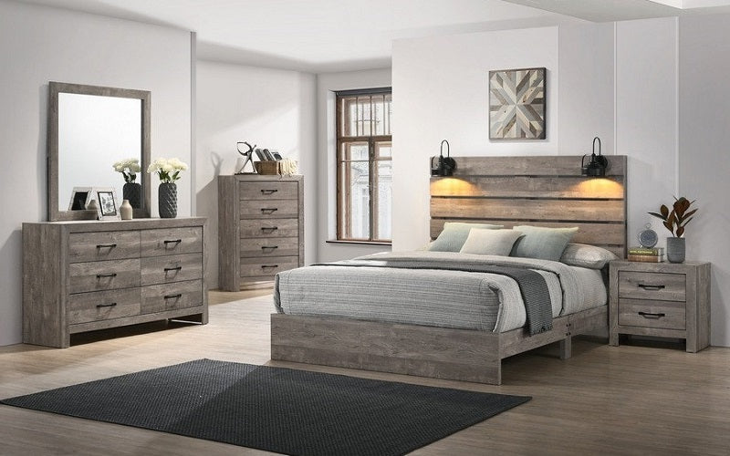 Bedroom Set with Farmhouse shiplap with Lights & USB 8 pc - Driftwood Grey