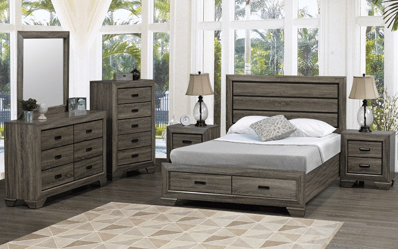 Bedroom Set with Deep Lines Accented & Drawers 8 pc - Distressed Grey