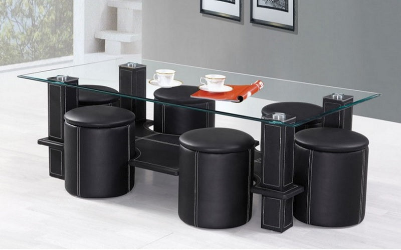 Coffee Table with 6 Stools - Black
