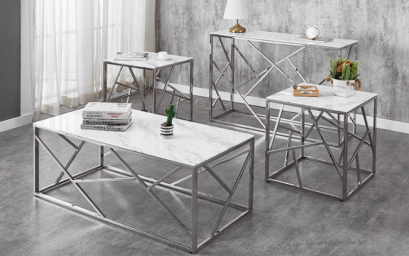 Coffee Table Set with Marble Glass Top - 3 pc - Chrome