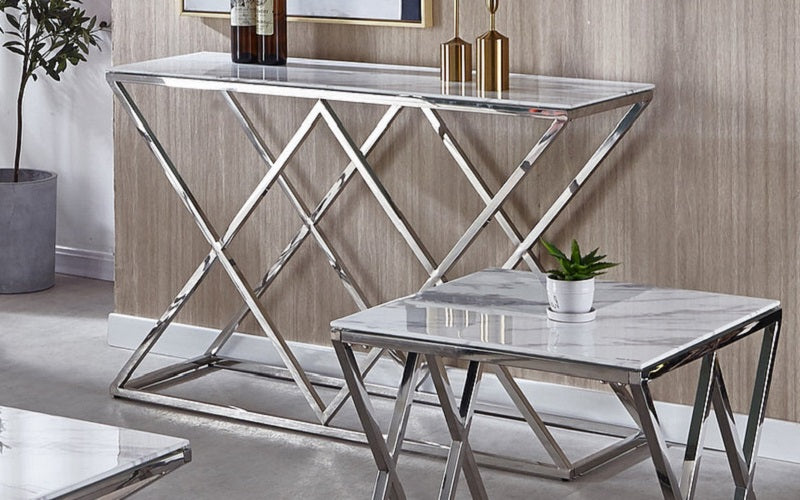 Coffee Table Set with Marble Glass Top - 3 pc - Chrome