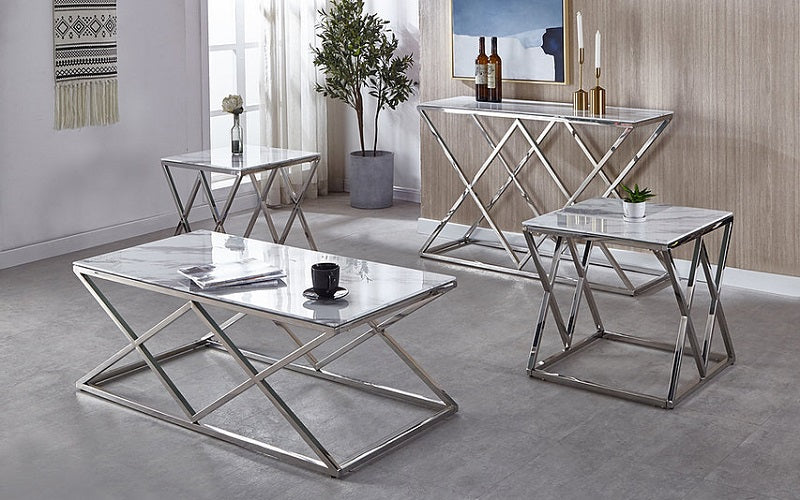 Coffee Table Set with Marble Glass Top - 3 pc - Chrome