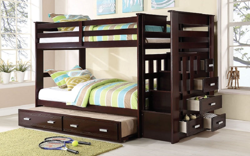 Bunk Bed - Twin over Twin with Trundle, Drawers, Staircase Solid Wood - Espresso
