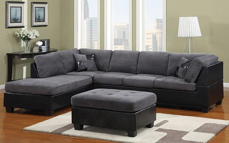 Fabric Sectional Set with Left Or Right Side Chaise and Ottoman - Grey | Charcoal Grey