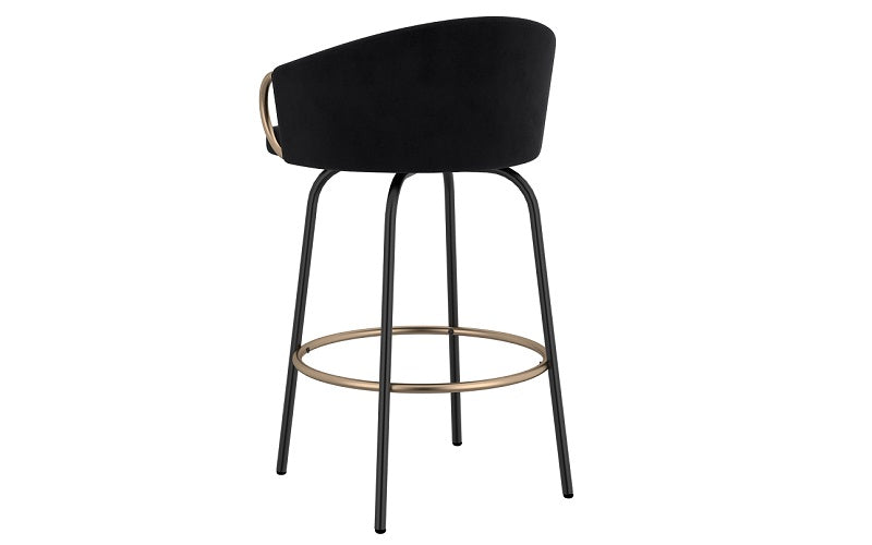 Bar Stool With Velvet Fabric & Gold Accent Footrest & Arm - Black - Set of 2 pc (26'' Counter Height)